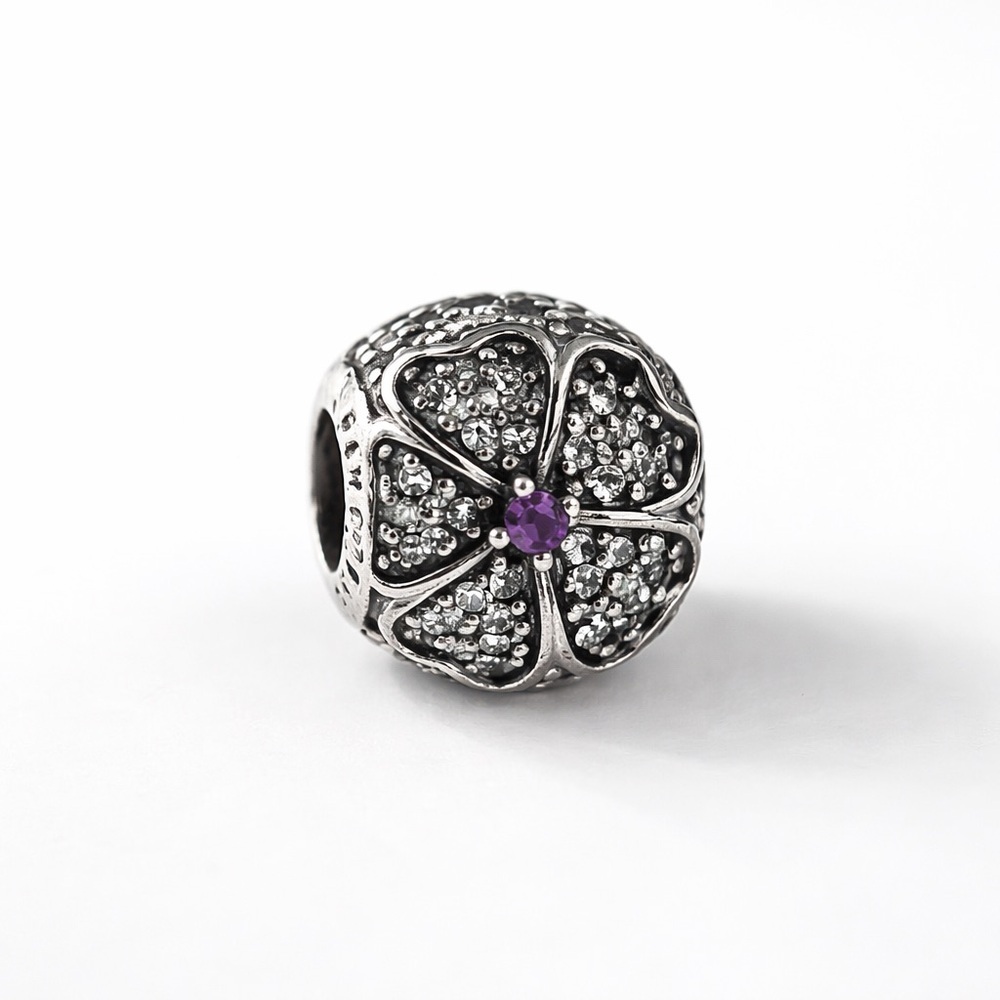 Pandora Sterling Silver Flower Charm Pave CZ & Purple Stone Authentic EUC